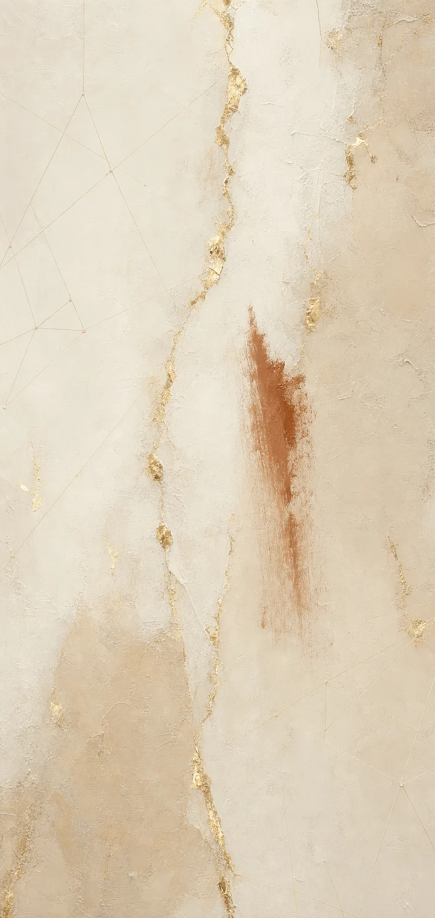 Abstract composition of warm plaster, gold leaf and faint network lines evoking the meeting of art and technology