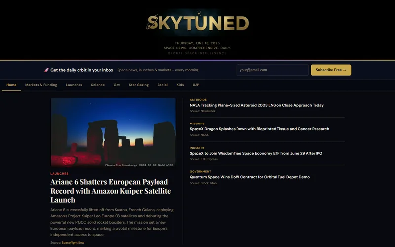 SkyTuned homepage — comprehensive daily space news